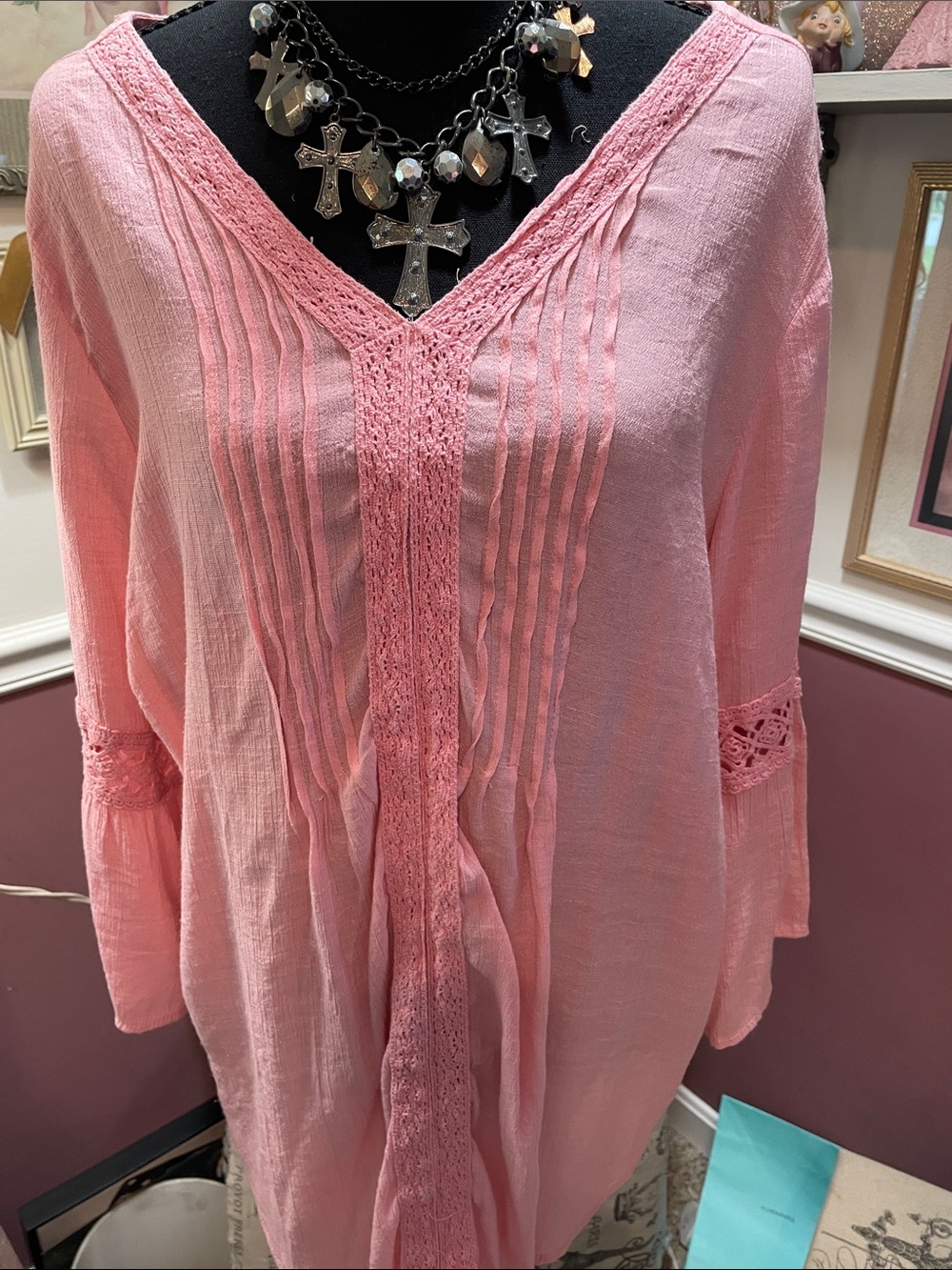 Pink Crochet-Trim V-Neck Women's TopBoho Crochet